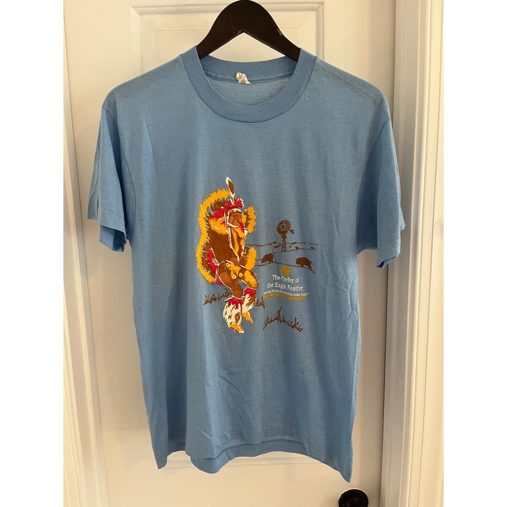 Vintage 80s Screen Stars Order of the Eagle Feather T-Shirt Blue Single Stitch L